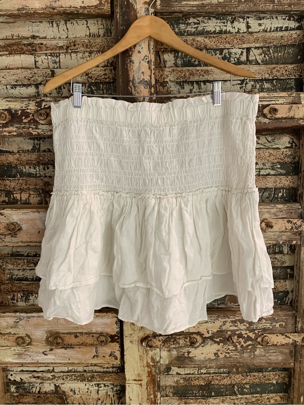 Madewell Cream Ivory Smocked Pull-On Tiered Ruffle Mini Skirt, Cottagecore, XL